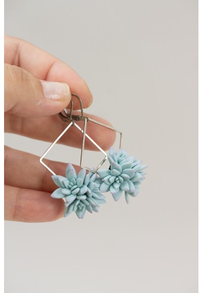 Blue Succulent Dangle Earrings