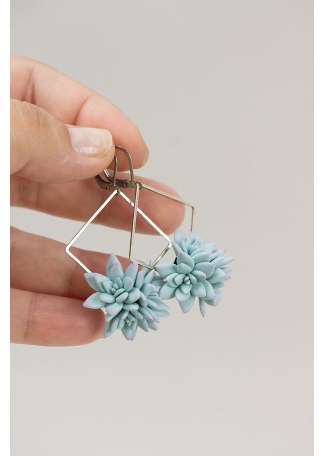 Blue Succulent Dangle Earrings