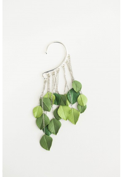 Green Leafs Statement cuff earrings Statement Drop Leaf earrings for wedding Non pierced single earring Floral earrings Woodland jewelry