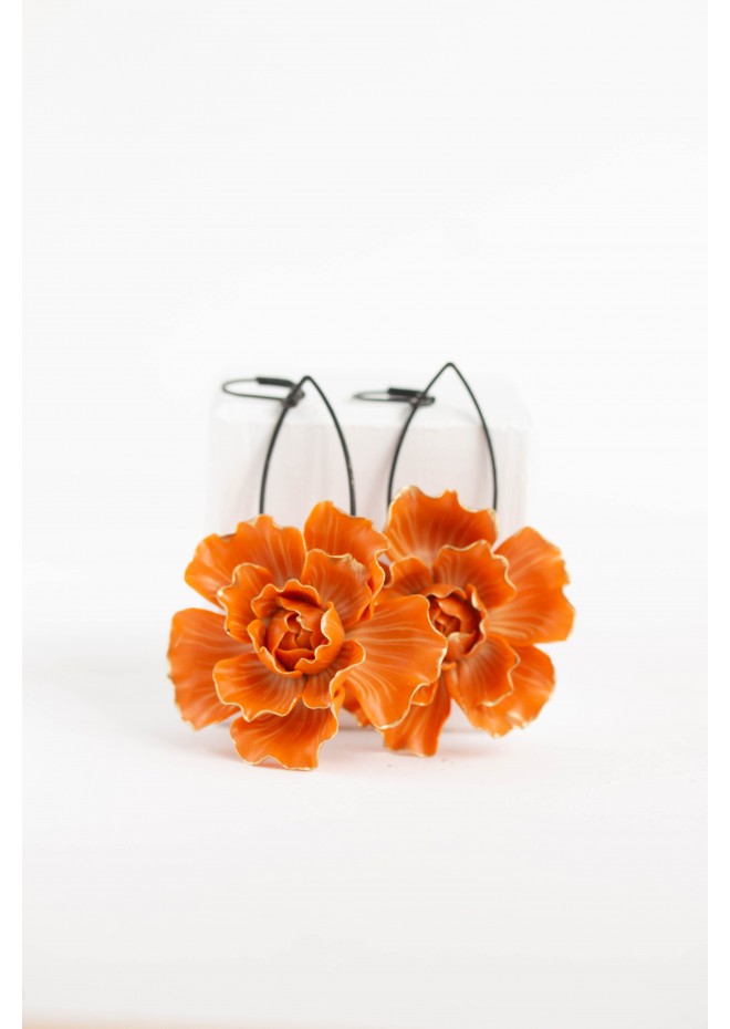 Orange gold Flowers Statement earrings, polymer clay earrings