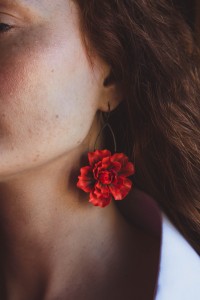 Red gold Flowers Statement earrings, polymer clay earrings