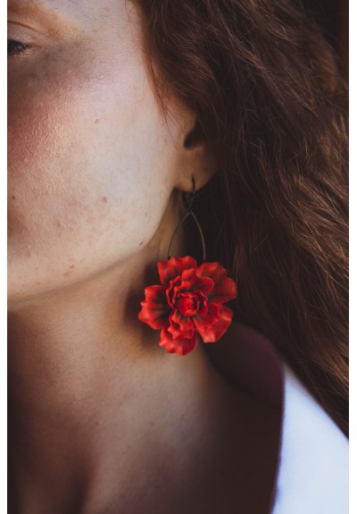 Red gold Flowers Statement earrings, polymer clay earrings