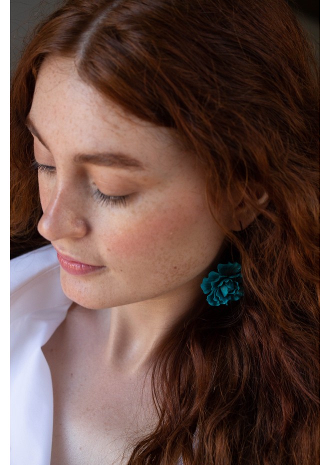 Blue gold Flowers Statement earrings, polymer clay earrings