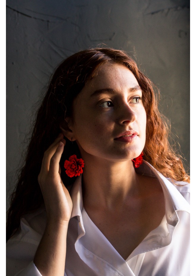 Red gold Flowers Statement earrings, polymer clay earrings