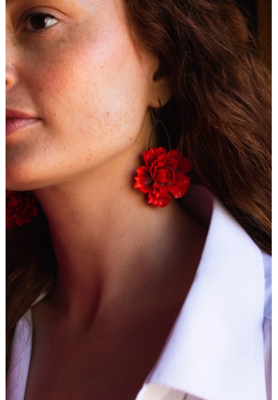 Red gold Flowers Statement earrings, polymer clay earrings