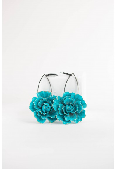 Blue gold Flowers Statement earrings, polymer clay earrings