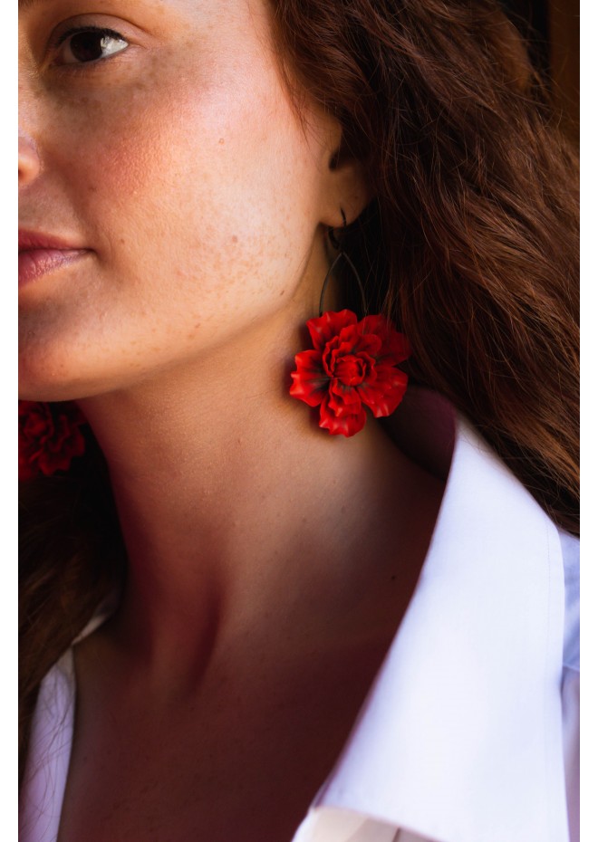 Red gold Flowers Statement earrings, polymer clay earrings