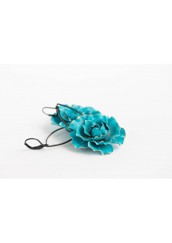 Blue gold Flowers Statement earrings, polymer clay earrings