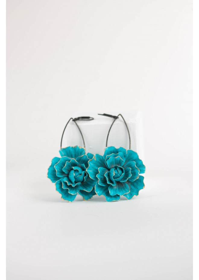 Blue gold Flowers Statement earrings, polymer clay earrings