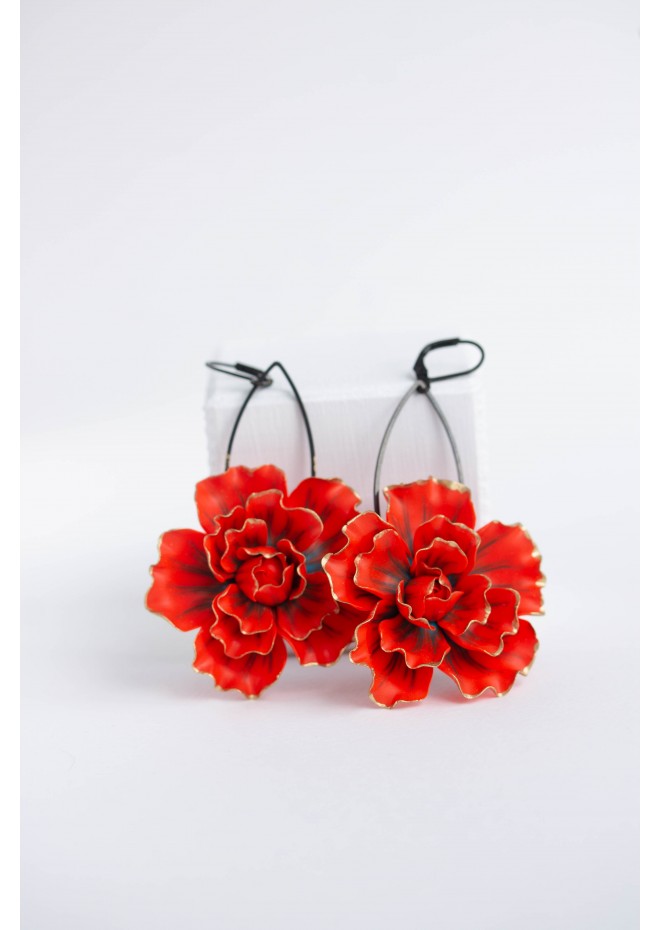 Red gold Flowers Statement earrings, polymer clay earrings