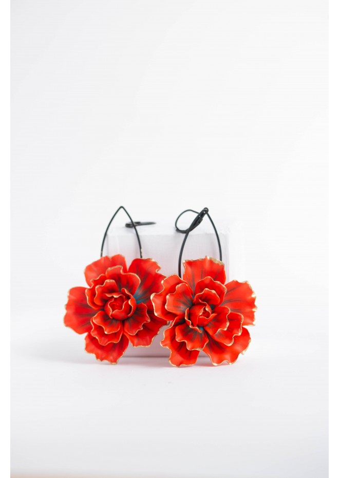 Red gold Flowers Statement earrings, polymer clay earrings