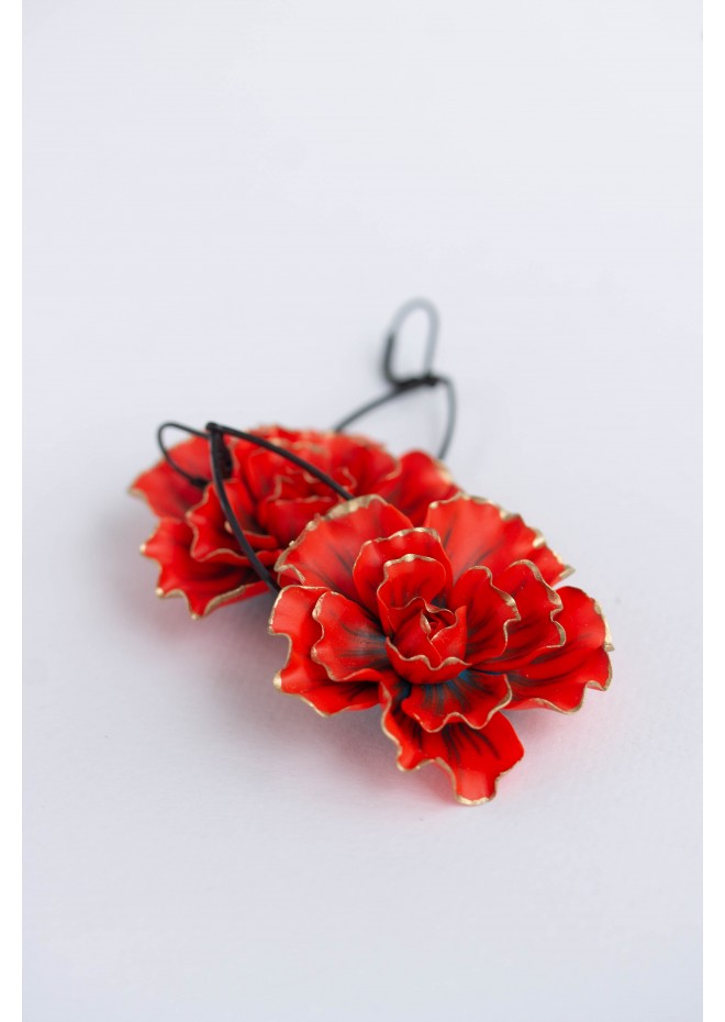 Red gold Flowers Statement earrings, polymer clay earrings