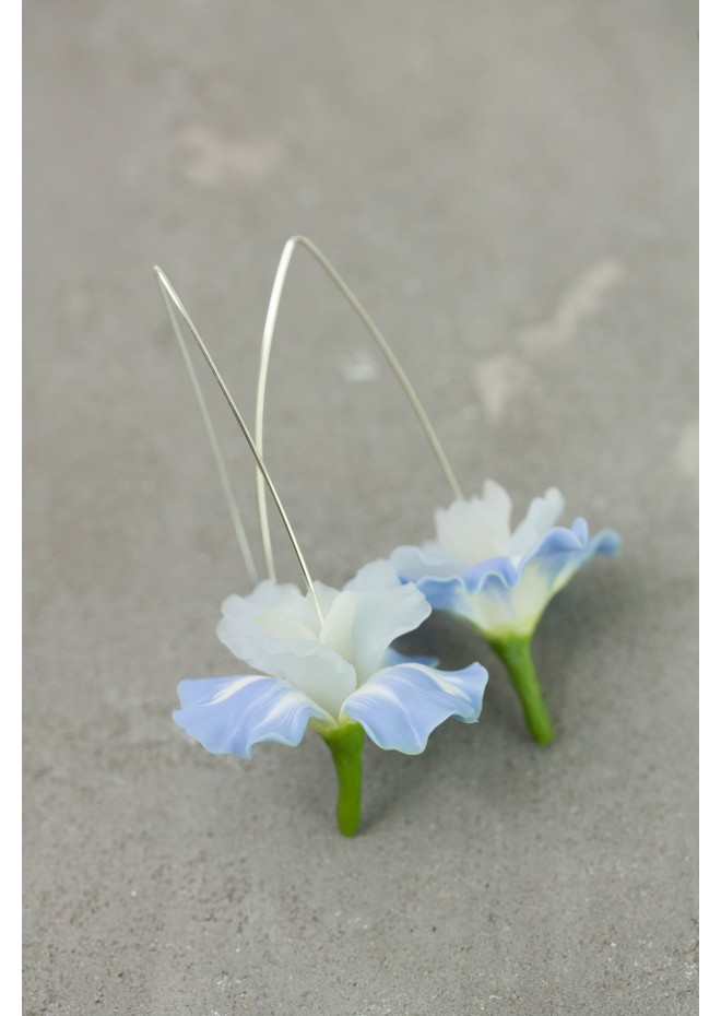 Baby blue Iris Flower dangle earrings, lightweight and comfortable earrings, made from polymer clay, by EtenIren