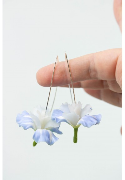 Baby blue Iris Flower dangle earrings, lightweight and comfortable earrings, made from polymer clay, by EtenIren