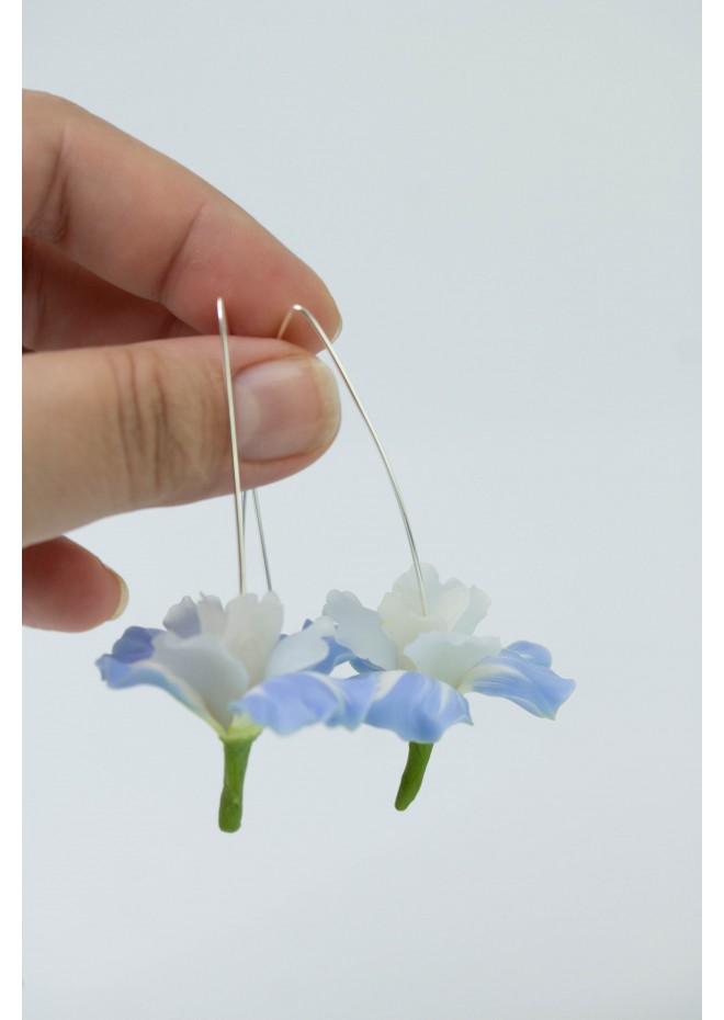 Baby blue Iris Flower dangle earrings, lightweight and comfortable earrings, made from polymer clay, by EtenIren