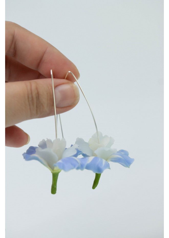 Baby blue Iris Flower dangle earrings, lightweight and comfortable earrings, made from polymer clay, by EtenIren