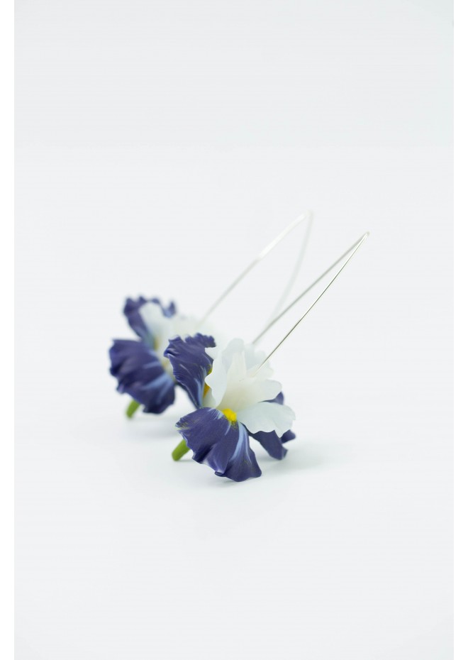 Blue Iris Flower dangle earrings, lightweight and comfortable earrings, made from polymer clay, by EtenIren