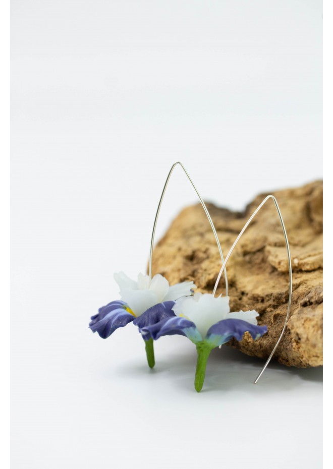 Blue Iris Flower dangle earrings, lightweight and comfortable earrings, made from polymer clay, by EtenIren