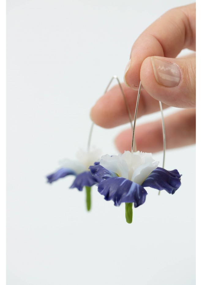 Blue Iris Flower dangle earrings, lightweight and comfortable earrings, made from polymer clay, by EtenIren
