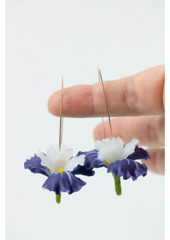 Blue Iris Flower dangle earrings, lightweight and comfortable earrings, made from polymer clay, by EtenIren