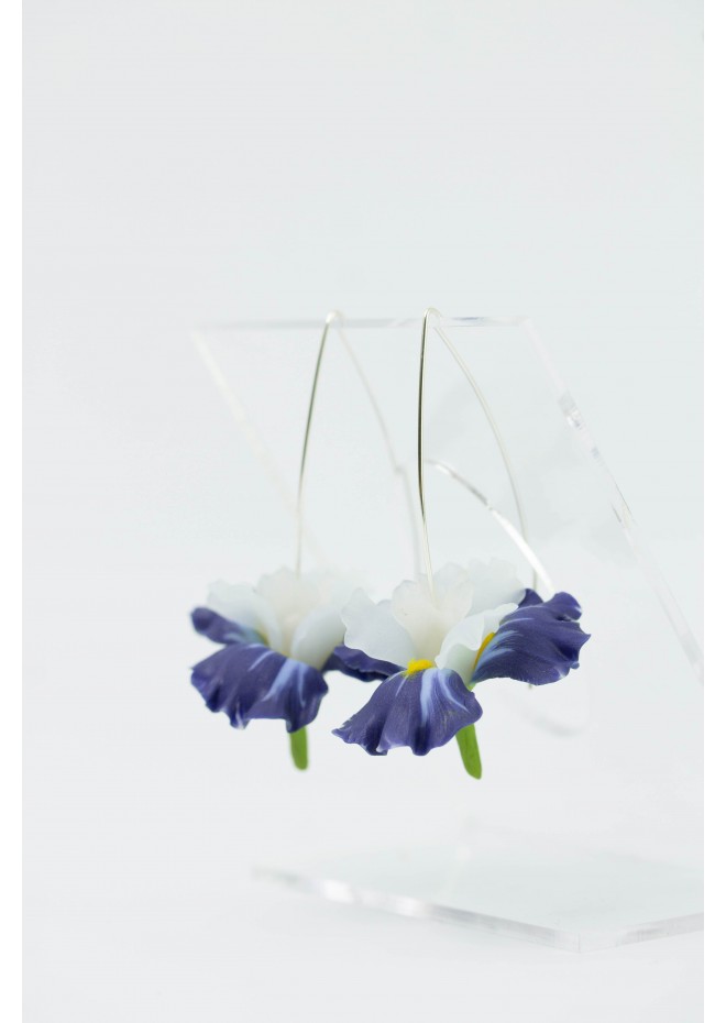 Blue Iris Flower dangle earrings, lightweight and comfortable earrings, made from polymer clay, by EtenIren