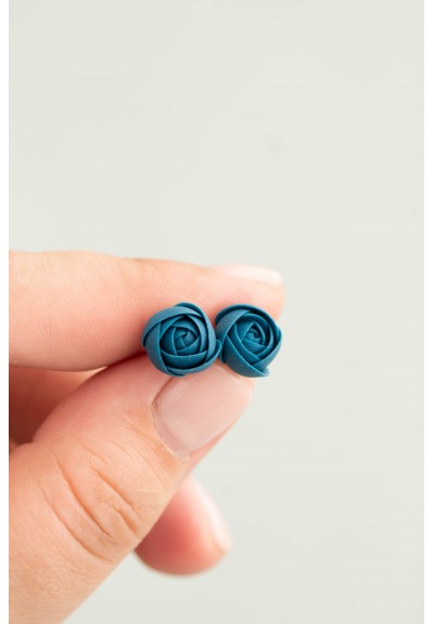 Blue Ranunculus Rose Stud Earrings