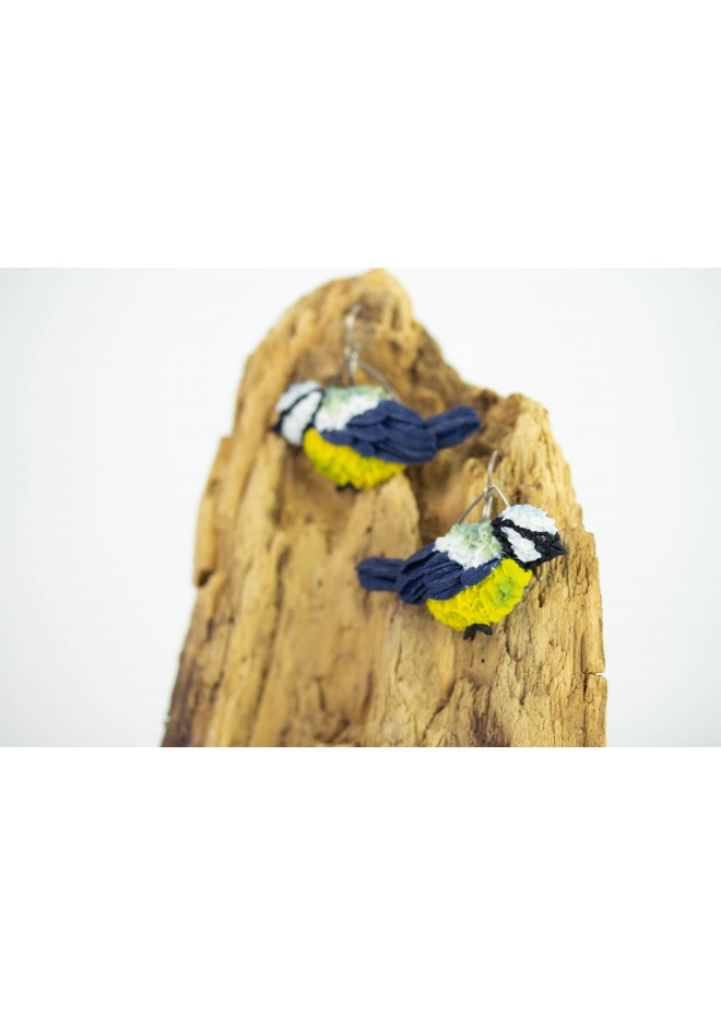 Titmouse birds dandle earrings, made from polymer clay, by EtenIren