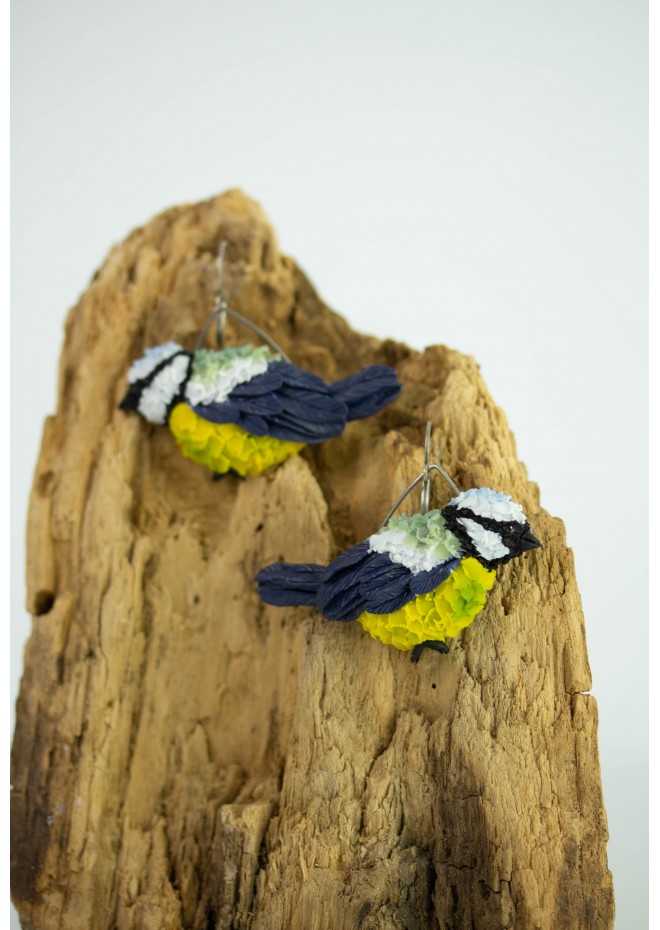 Titmouse birds dandle earrings, made from polymer clay, by EtenIren