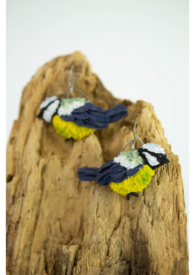 Titmouse birds dandle earrings, made from polymer clay, by EtenIren