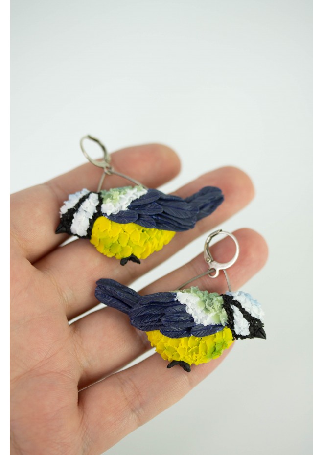 Titmouse birds dandle earrings, made from polymer clay, by EtenIren