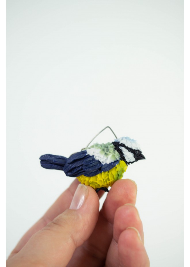 Titmouse birds dandle earrings, made from polymer clay, by EtenIren