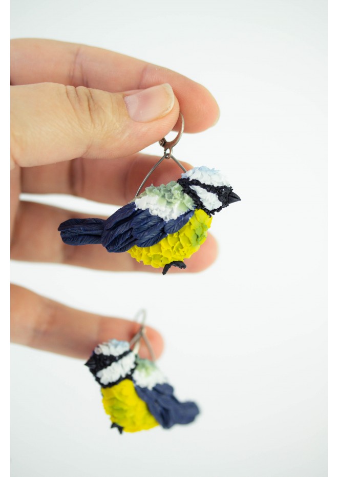 Titmouse birds dandle earrings, made from polymer clay, by EtenIren