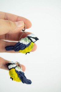 Titmouse birds dandle earrings, made from polymer clay, by EtenIren