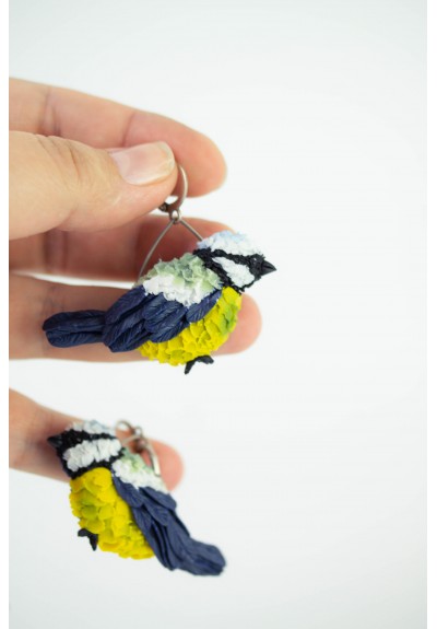 Titmouse birds dandle earrings, made from polymer clay, by EtenIren