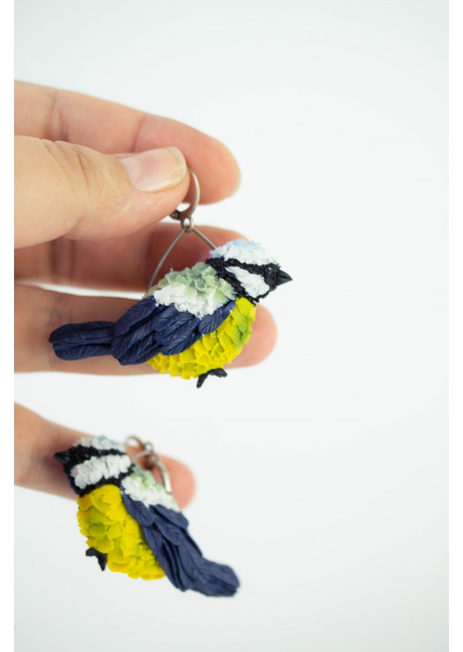 Titmouse birds dandle earrings, made from polymer clay, by EtenIren