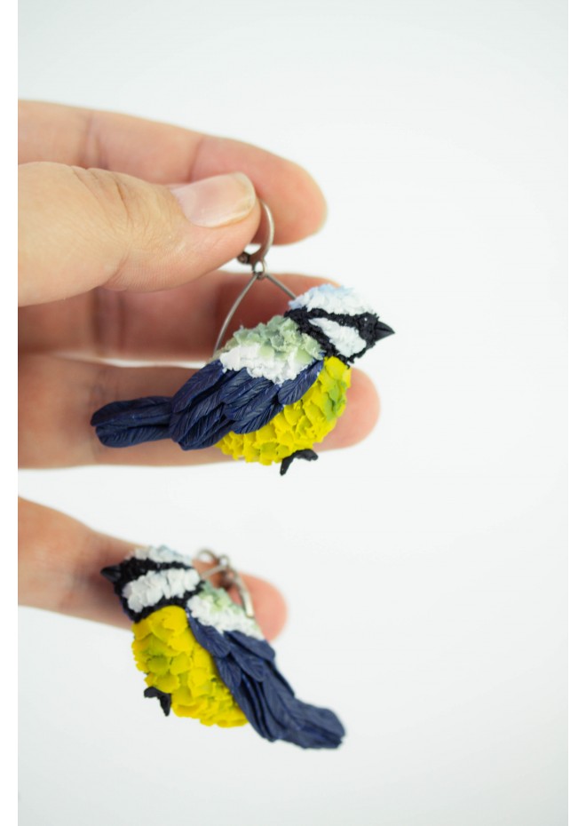 Titmouse birds dandle earrings, made from polymer clay, by EtenIren