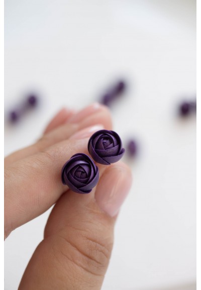 Dark purple Ranunculus Rose Stud Earrings