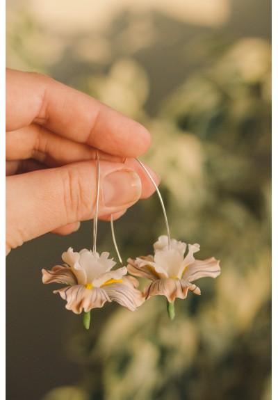 Beige Iris Flower dangle earrings, lightweight and comfortable earrings, made from polymer clay, by EtenIren