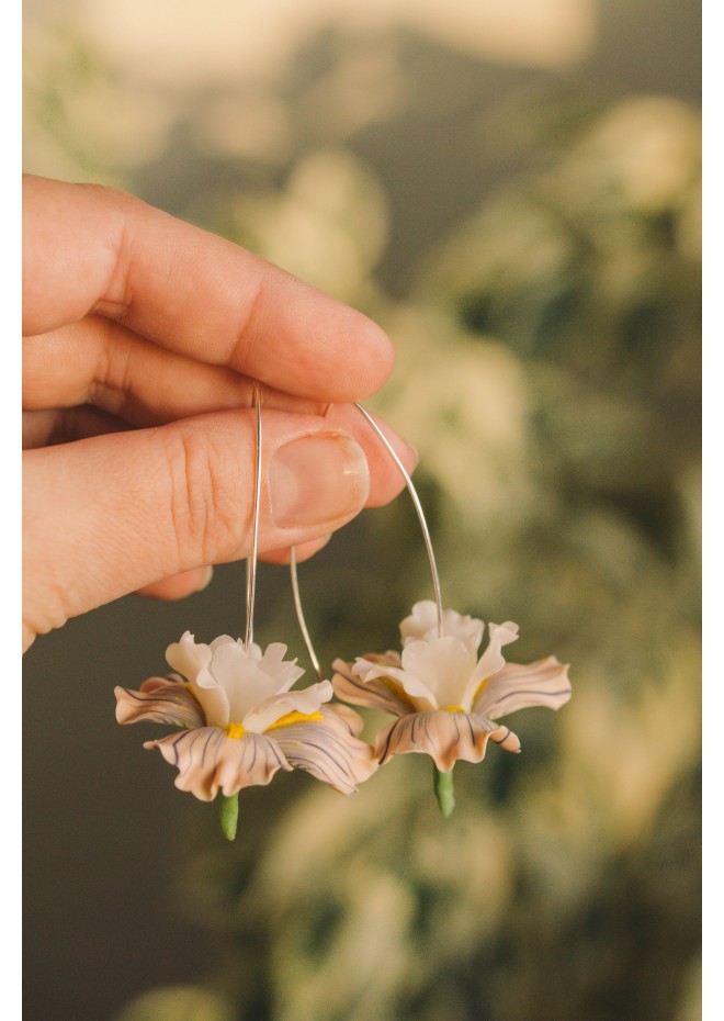 Beige Iris Flower dangle earrings, lightweight and comfortable earrings, made from polymer clay, by EtenIren