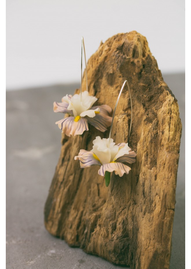 Beige Iris Flower dangle earrings, lightweight and comfortable earrings, made from polymer clay, by EtenIren
