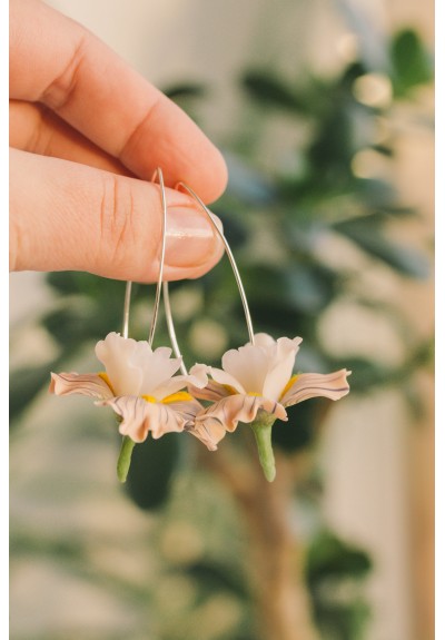 Beige Iris Flower dangle earrings, lightweight and comfortable earrings, made from polymer clay, by EtenIren