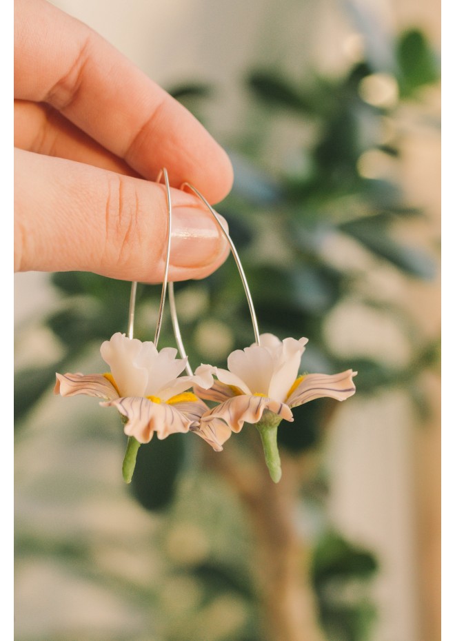 Beige Iris Flower dangle earrings, lightweight and comfortable earrings, made from polymer clay, by EtenIren