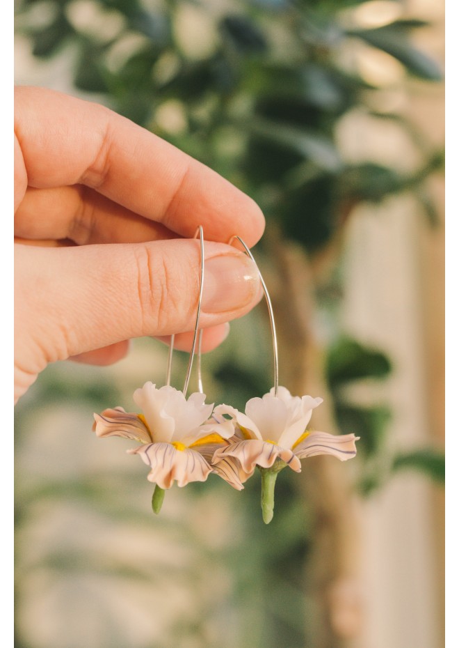 Beige Iris Flower dangle earrings, lightweight and comfortable earrings, made from polymer clay, by EtenIren