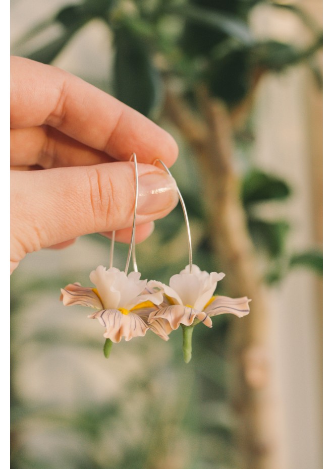 Beige Iris Flower dangle earrings, lightweight and comfortable earrings, made from polymer clay, by EtenIren