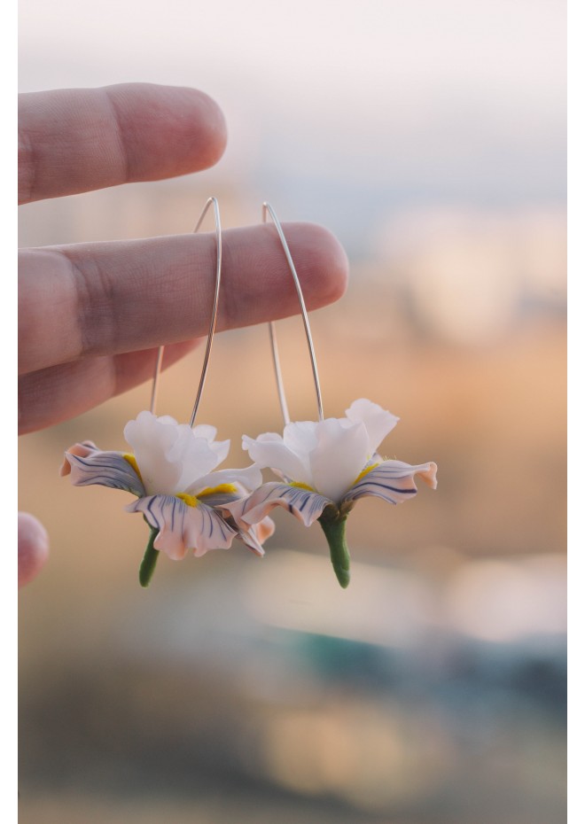 Beige Iris Flower dangle earrings, lightweight and comfortable earrings, made from polymer clay, by EtenIren