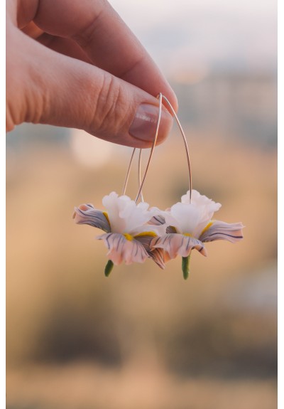 Beige Iris Flower dangle earrings, lightweight and comfortable earrings, made from polymer clay, by EtenIren