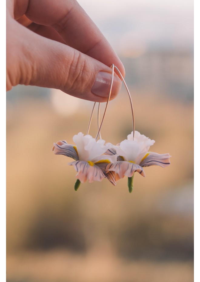 Beige Iris Flower dangle earrings, lightweight and comfortable earrings, made from polymer clay, by EtenIren