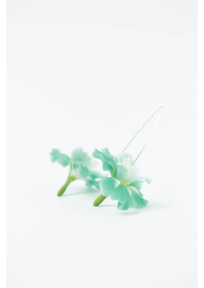 Mint Iris Flower dangle earrings, lightweight and comfortable earrings, made from polymer clay, by EtenIren