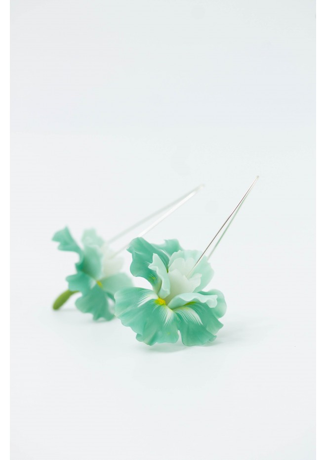 Mint Iris Flower dangle earrings, lightweight and comfortable earrings, made from polymer clay, by EtenIren