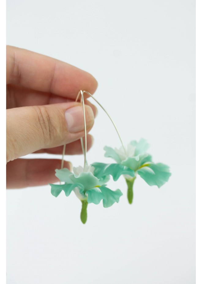 Mint Iris Flower dangle earrings, lightweight and comfortable earrings, made from polymer clay, by EtenIren